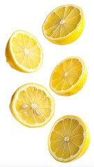 Obraz premium Five Lemon Halves Floating in Mid-Air Against a White Background