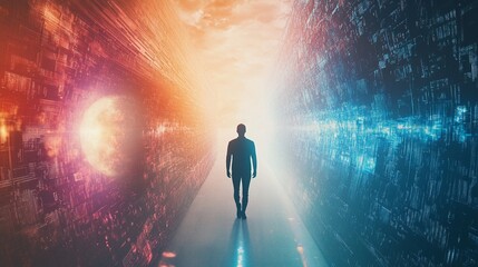 分割画面効果：別の世界をつなぐ量子トンネル、未来的な都市景観、コピースペース