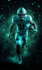 Fototapeta premium American football player, isolated on a black background full of glitter pixie dust in the air.