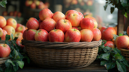 Detailed photorealistic image of a basket of apples on a rustic farm stand