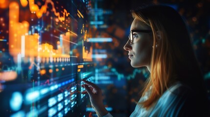 Beautiful business woman working with digital data and complex graphs