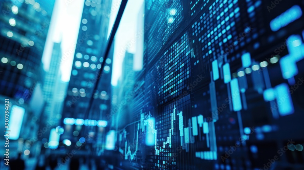 Poster computer screens in the office display candlestick charts of financial business reports and stock in