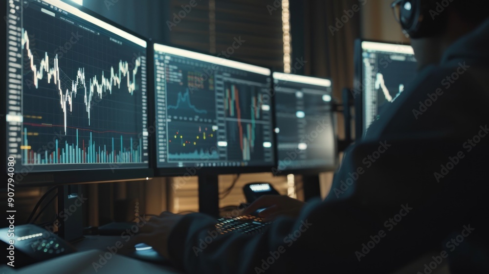 Poster focused trader analyzing stock market data