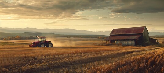 Fototapeta premium Serene Rural Landscape with Farmhouses and Fields under a Golden Sky - Perfect for Autumn Decorations