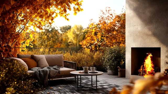 Autumn view with a cozy terrace with a fireplace, sofa, plants, and a small table with two coffee cups small white vase with small flower  Seamless looping 4k time-lapse animation video background