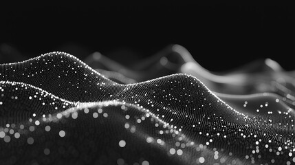 A black and white image of a mountain range with a lot of snow. The image has a dreamy and ethereal quality to it, as if it were a painting or a photograph