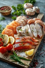 Mix seafood platter served on rustic wooden chopping board on sun-lit rustic kitchen counter top background.