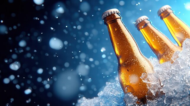 Cold beer bottles in ice with water drops, blue background.