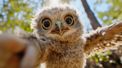 A baby owl with wide, curious eyes and fluffy feathers reaches out with its wings, capturing a cute and funny selfie with a fish-eye lens and a looped background that is not very blurry