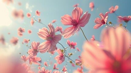 Pink flowers bloom in the sunlight. This image is perfect for floral designs, spring themes, and delicate beauty.