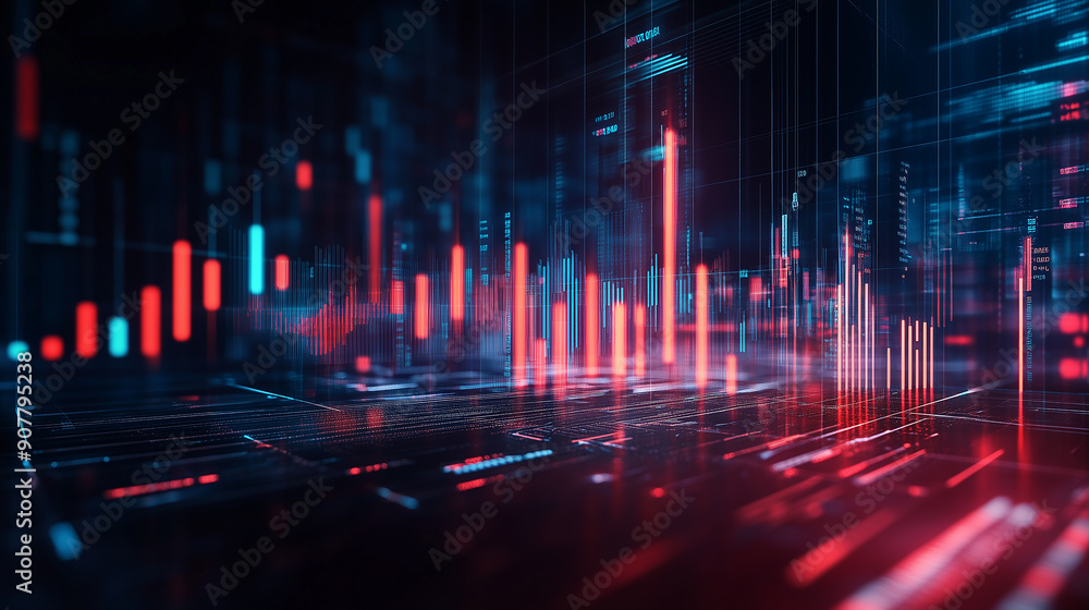 Poster a computer generated image of a city with red and blue lines. the image is abstract and has a futuri
