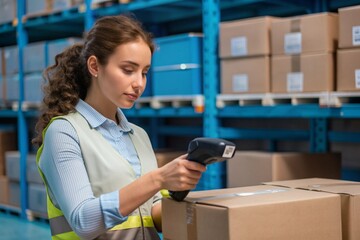 Close-up of a female warehouse worker scanning package with bar code scanner. Woman preparing product for shipping to customer at fulfilment center. Generative AI.