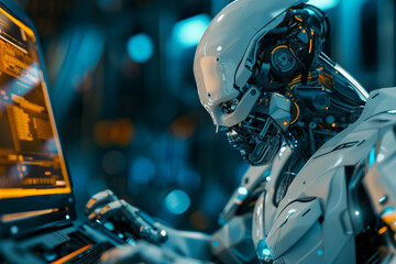 Fototapeta premium Robot cyborg humanoid helper in activities of daily life routine living with people, Generative AI