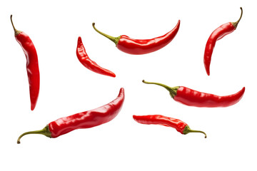 Set of Falling Red Hot Chili peppers PNG Spicy Flying peppers isolated on white and transparent background - Cooking Ingredients Mexican Seasoning Restaurant Menu Advertising