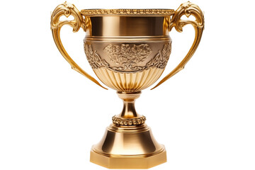 Fototapeta premium Front View of a Golden Trophy Cup PNG Golden Award isolated on white and transparent background - Achievement Celebration Honoring Triumph for Champion Victory