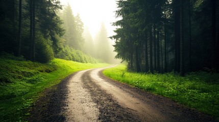 Obraz premium A road in the woods with a foggy sky. The road is surrounded by trees and the sky is cloudy