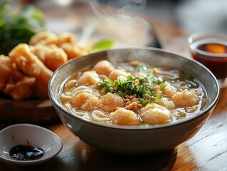 Traditional Thai Breakfast Spread with Noodle Soup, Crispy Fried Dough, and Herbal Tea - Realistic Food Photography with Steamy Aesthetic