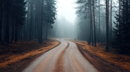 Obraz premium A road in the woods with a foggy sky. The road is surrounded by trees and the sky is cloudy