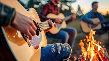 Fototapeta premium Three men are sitting around a fire, playing guitars. The fire is hot and the wood is burning brightly. Scene is relaxed and casual, as the men are enjoying each other's company