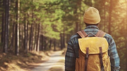 Obraz premium A man is walking down a dirt road with a yellow backpack. The road is muddy and the man is wearing a green shirt