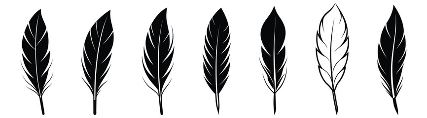 Set of Bird Feather. Feathers vector set in a flat style. Pen icon. Black quill feather silhouette. Plumelet collection isolated on white background vector EPS10