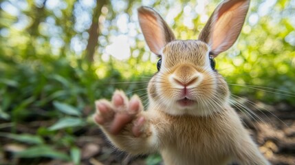 Obraz premium A baby bunny with long ears and a tiny nose stretches its paws out, capturing a tender selfie with a high-resolution fish-eye lens, set against a looped background that is not very blurry