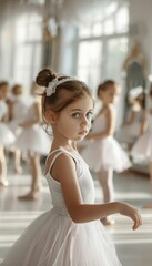 Naklejka premium Young Ballet Students Practicing at Barre in Dance School - Perfect Form and Poise in Classic Attire