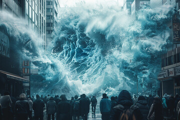 Scary storm day, person in danger under tsunami storm thunderstorm lightning, Generative AI