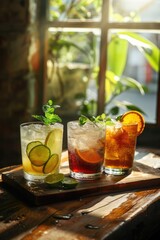 Soda drinks in glass on outdoor background.