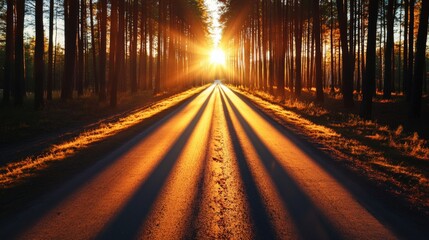 A road with a sun shining on it. The road is surrounded by trees