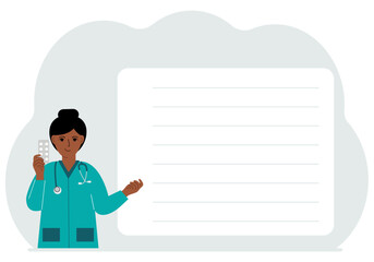 A female doctor holds pills in his hand. There is space for text next to it. Vector flat illustration.