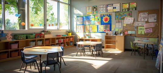 Colorful Classroom Bulletin Board Showcasing Student Projects and Educational Achievements