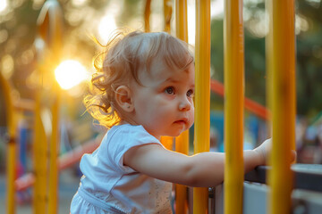 Excited happy children playing outdoors alone with friends mom dad family, urban city town modern playground, Generative AI