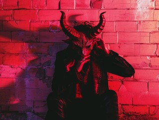 Naklejka premium Medium shot of Goathead man, themed background, bright tonality, in the style of fashion photography 