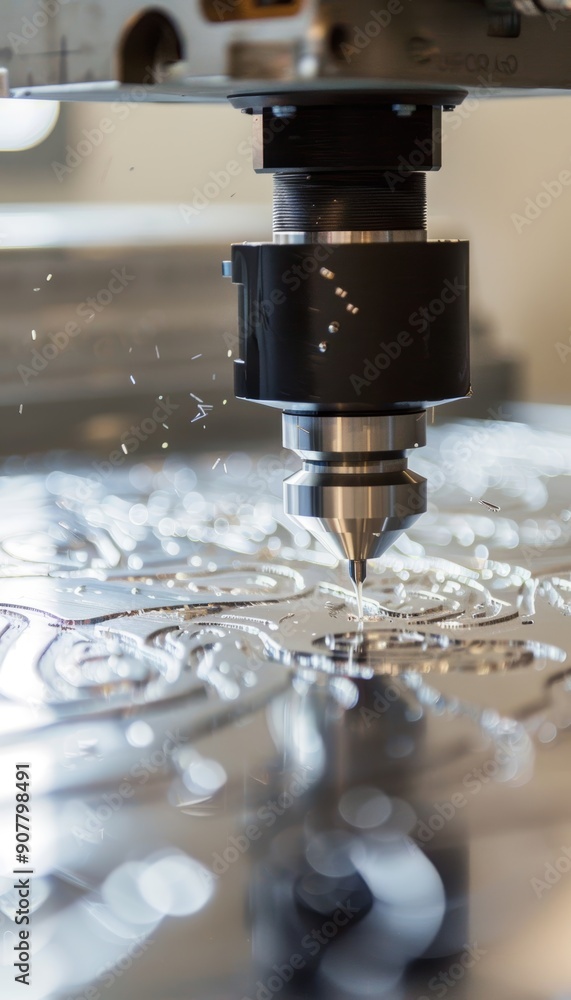 Poster dynamic cnc router creating intricate aluminum patterns with metal shavings in motion