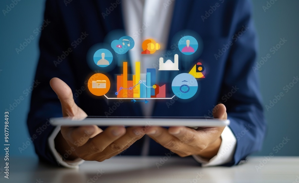 Poster a businessman using a tablet with digital marketing and data technology icons on a blue background