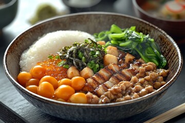 Traditional Japanese Breakfast Spread with Natto, Grilled Fish, and Pickled Vegetables in Realistic Photography with Authentic Lighting