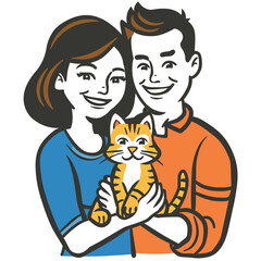 Young couple holding orange tabby cat, smiling together, happy pet owners, couple casual attire, cat content arms, stylized vector illustration, poses pet, affectionate moment, joyful expressions