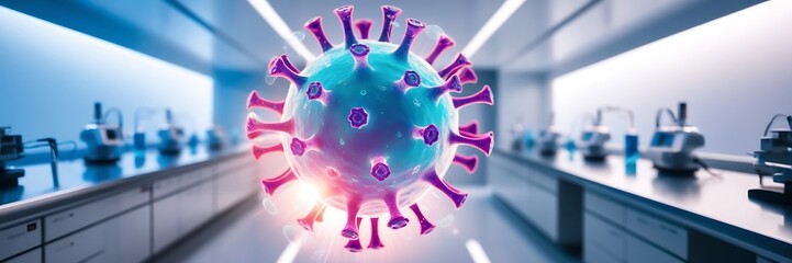 Pandemic medical health risk concept. Futuristic immunology web banner with glowing virus and bacteria cells.
