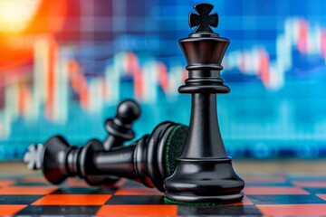 A chess piece standing against a background with stock market charts and graphs.
