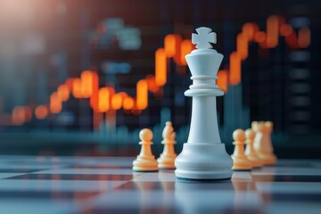 A chess piece standing against a background with stock market charts and graphs.