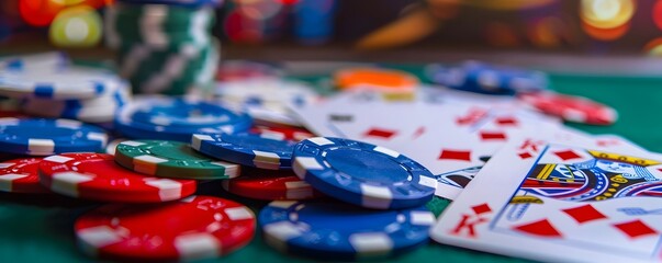 Fototapeta premium gambling chips in the casino fly and fall on the table with money in the rays of light