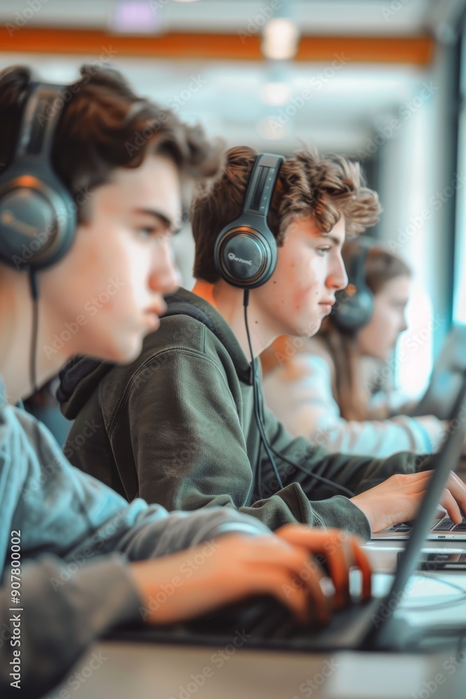 Poster students engaged in interactive language learning with headphones and laptops in modern classroom se