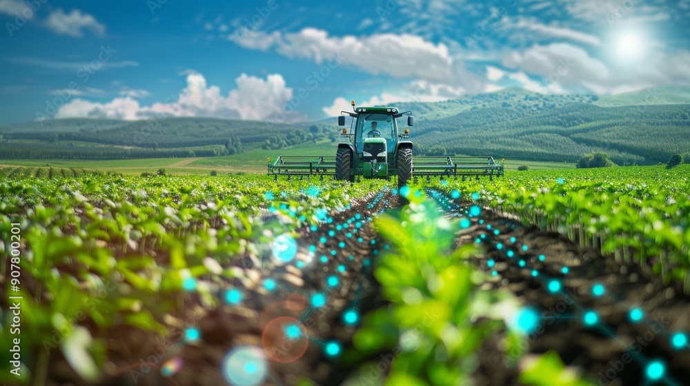 Poster high-tech farm with gps-controlled tractor for advanced soil erosion control
