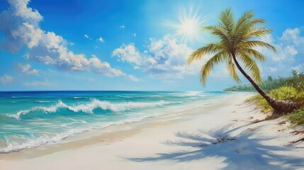 Fototapeta premium Tranquil beach landscape with white sandy shores, gentle waves, and a palm tree swaying in the breeze under a bright sun.