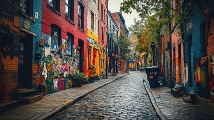 Fototapeta premium Urban cityscape with a mix of old and new buildings, cobblestone streets, and colorful street art adding character to the area.