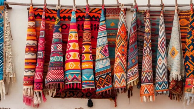 Colorful traditional handmade rugs displayed at a market.