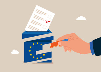 Businessman removed election box with eraser. Voting in European Union. Paper ballots to election box. Democracy Freedom Concept. Flat vector illustration