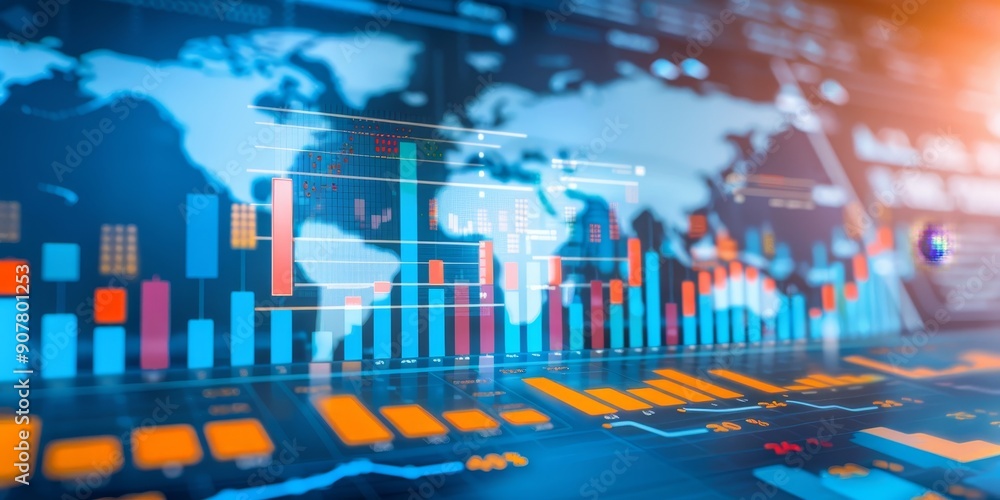 Poster a digital map of the world with financial data points and candlestick charts, representing global st