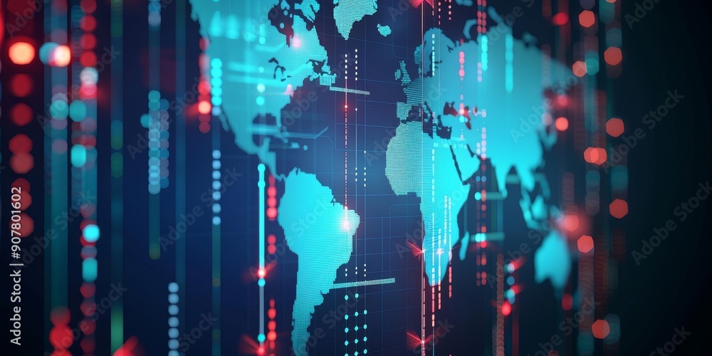 Aufkleber a digital map of the world with financial data points and candlestick charts, representing global st